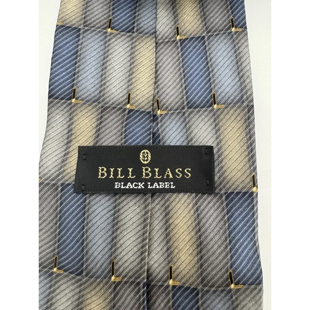 Bill Blass Black Label Silk Tie Gray Blue Geometric Check Pattern USA‎ Made